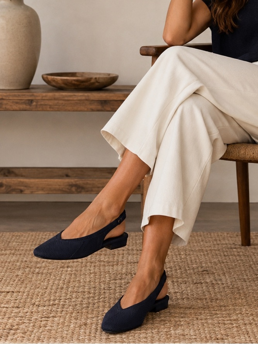 Eileen Fisher Yarn Slingback Pumps Shoes Midnight Navy Knit Vero Cuoio 9.5